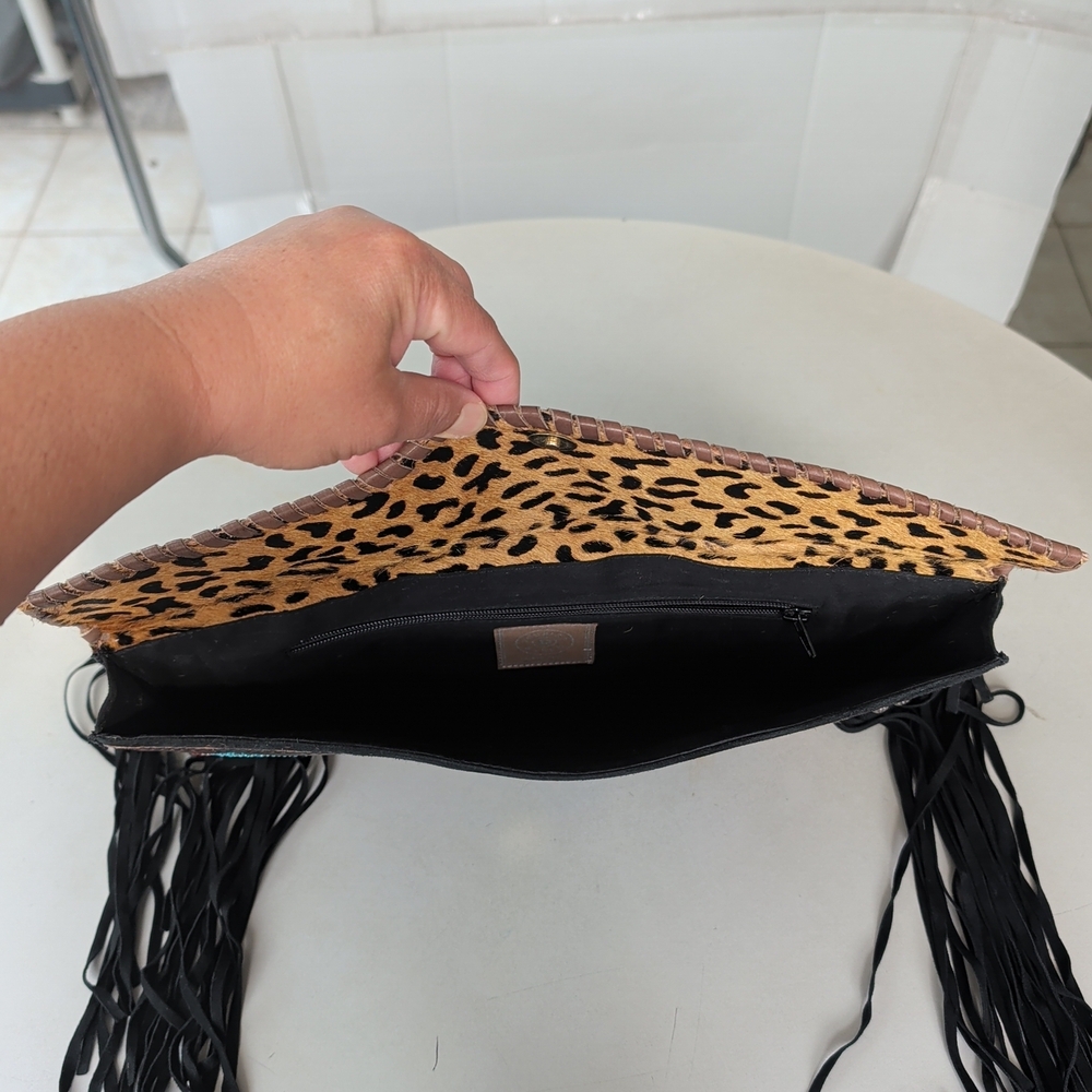 Double D Ranch Black Fringe Clutch with Leopard-Flap and Turquoise Accents - Picture 7 of 13